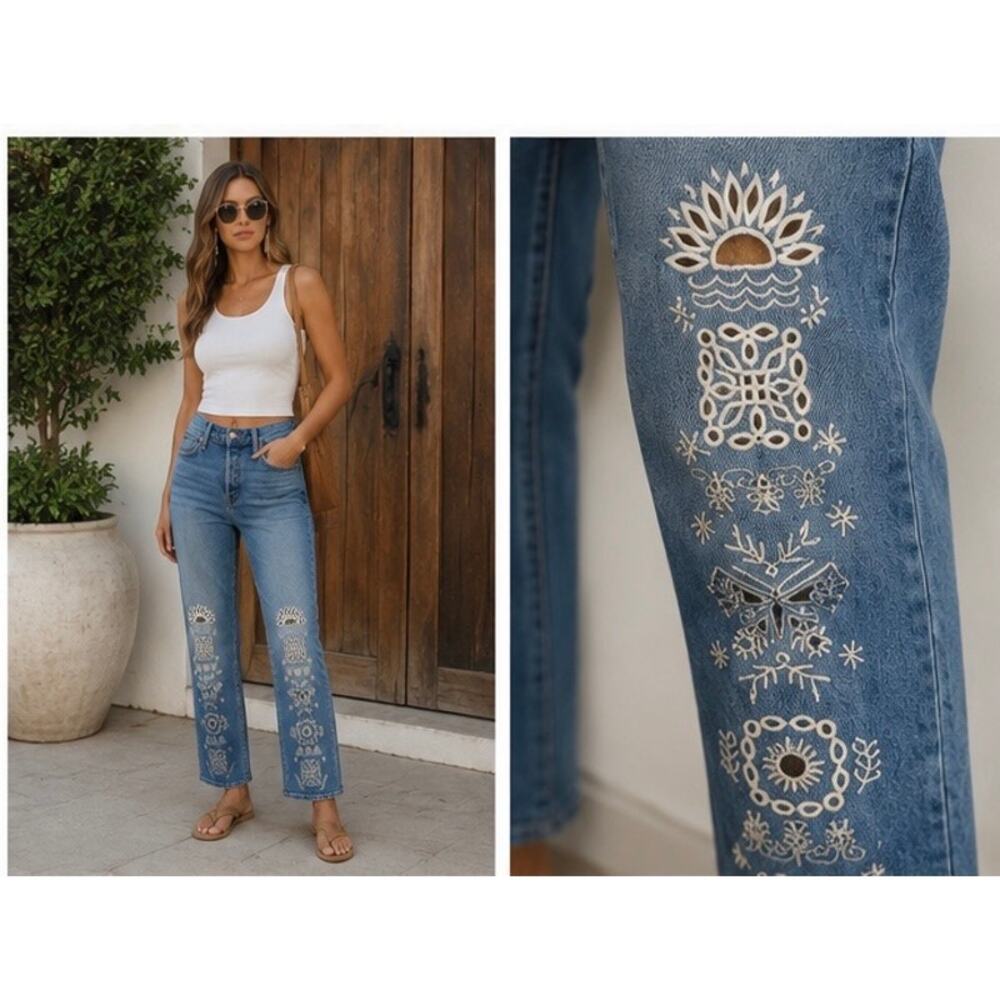 NWOT MOTHER Mid Rise Hiker Hover Floral Embroidered Jeans Tequila Sunset 26” - Picture 2 of 12